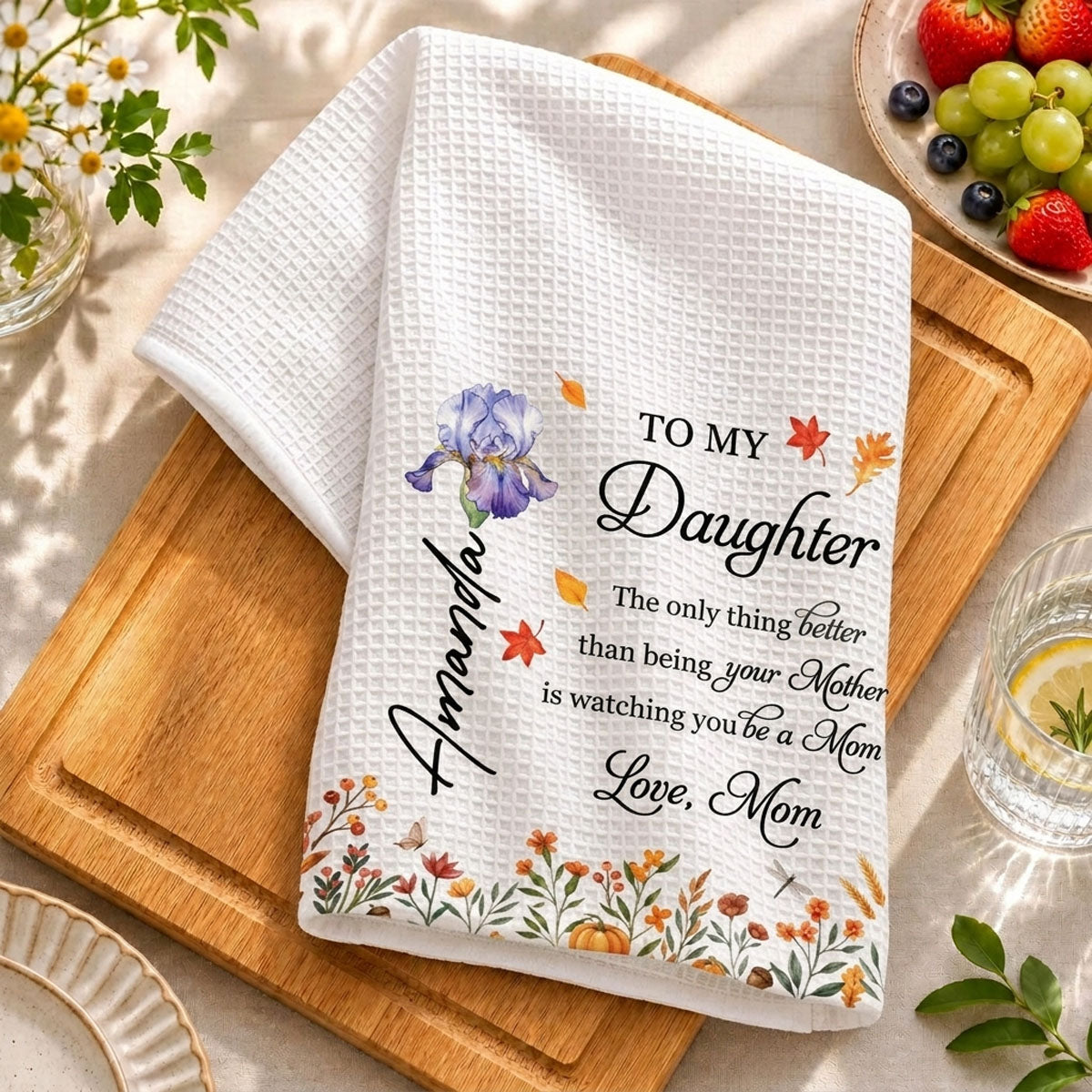 To My Daughter Purple Flower - Personalized Name Waffle Weave Kitchen Towel, Housewarming Gift
