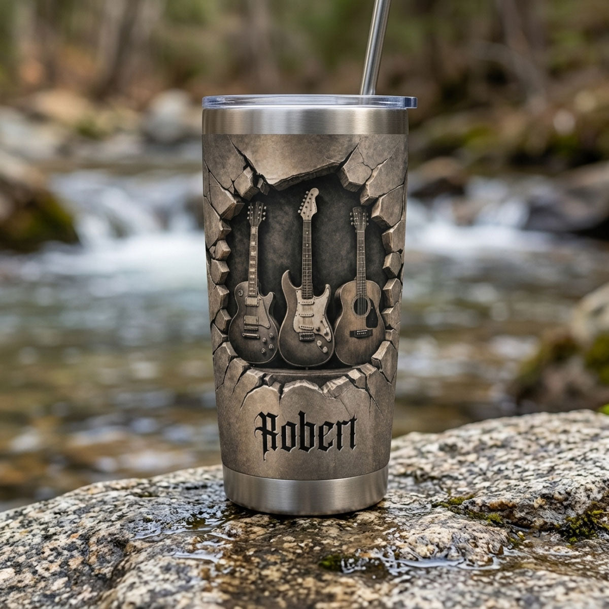 Personalized Guitar Tumbler Custom Name 3D Rock Wall Stainless Steel Travel Mug