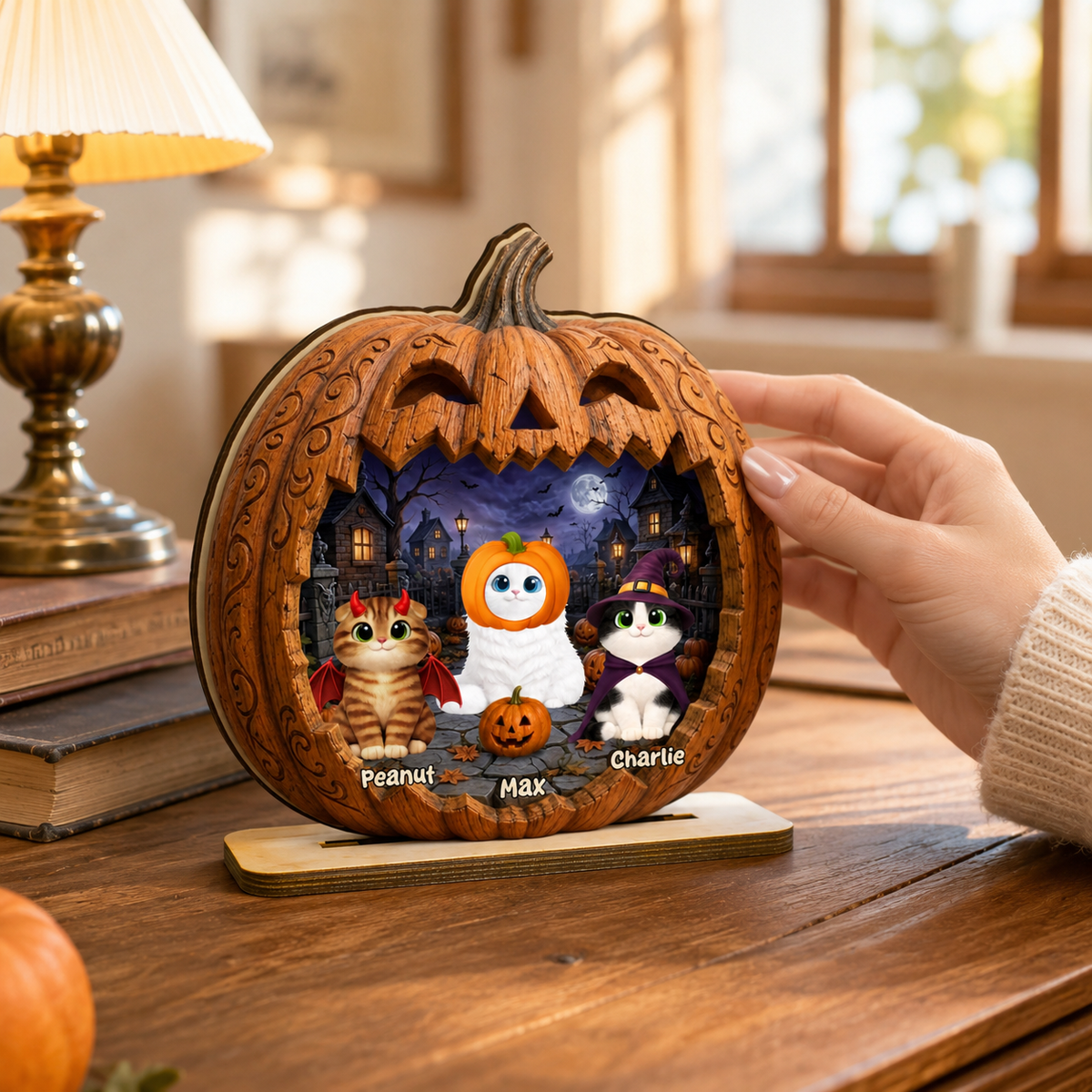 Spooky Halloween Pumpkin Cats 2D Flat Printed - Personalized Wooden Plaque - Halloween Decor For Cat Lovers
