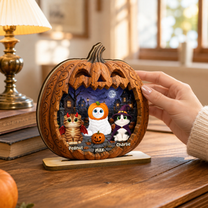 Spooky Halloween Pumpkin Cats 2D Flat Printed - Personalized Wooden Plaque - Halloween Decor For Cat Lovers