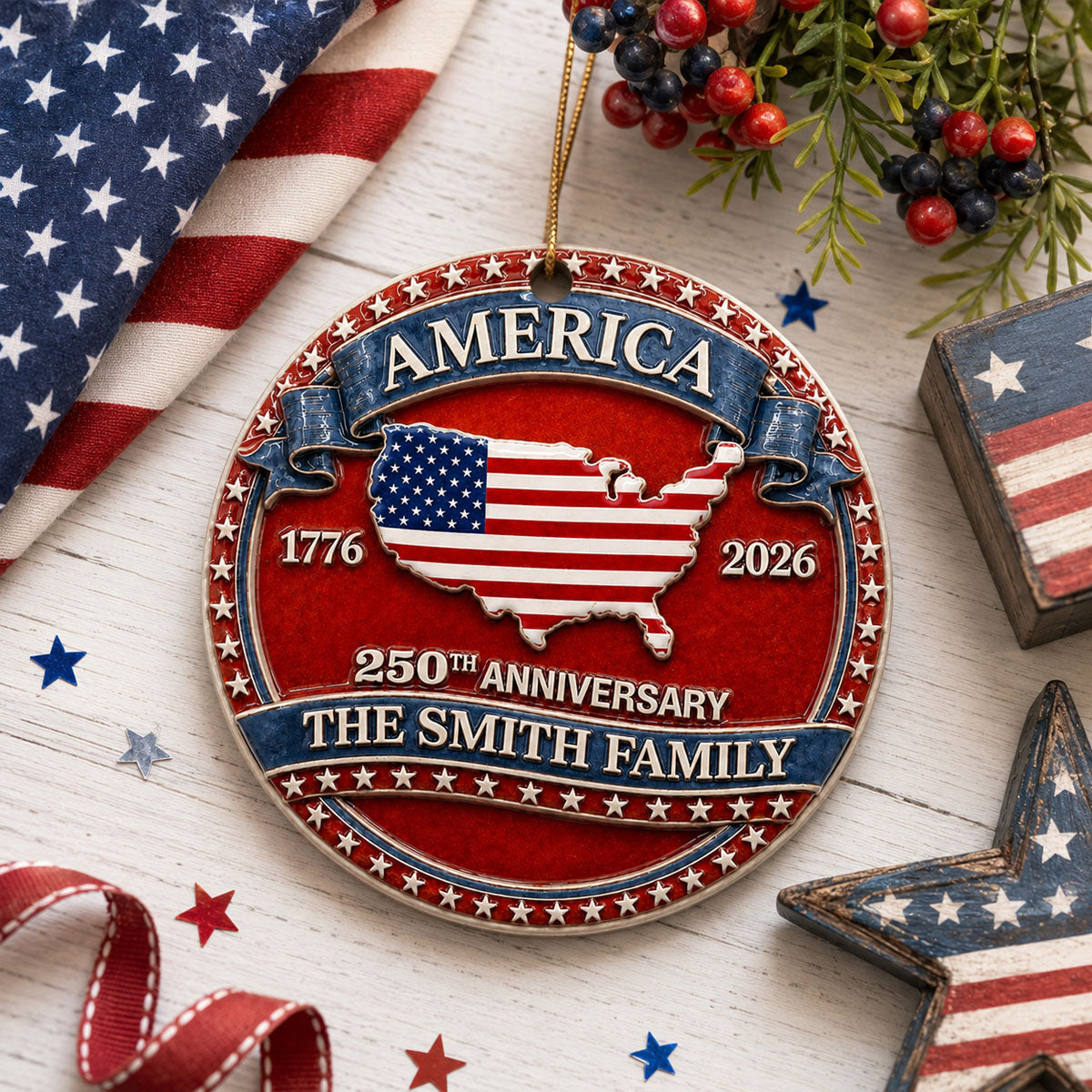 America 250th Anniversary Christmas - Proud Family Ornament - Real 3D Raised Ornament