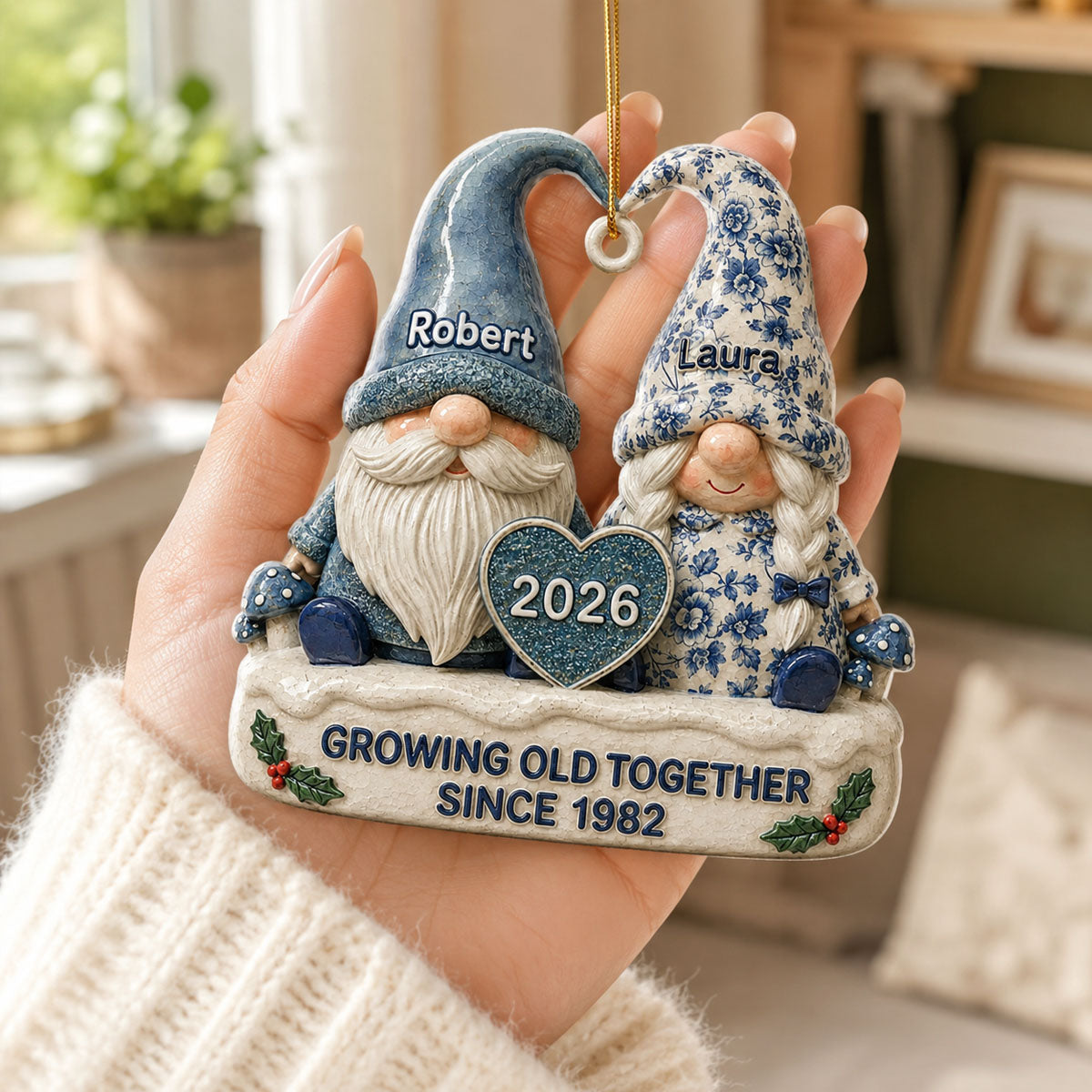 Vintage Floral Toile De Jouy Pattern Gnome Couple - Real 3D Raised Ornament