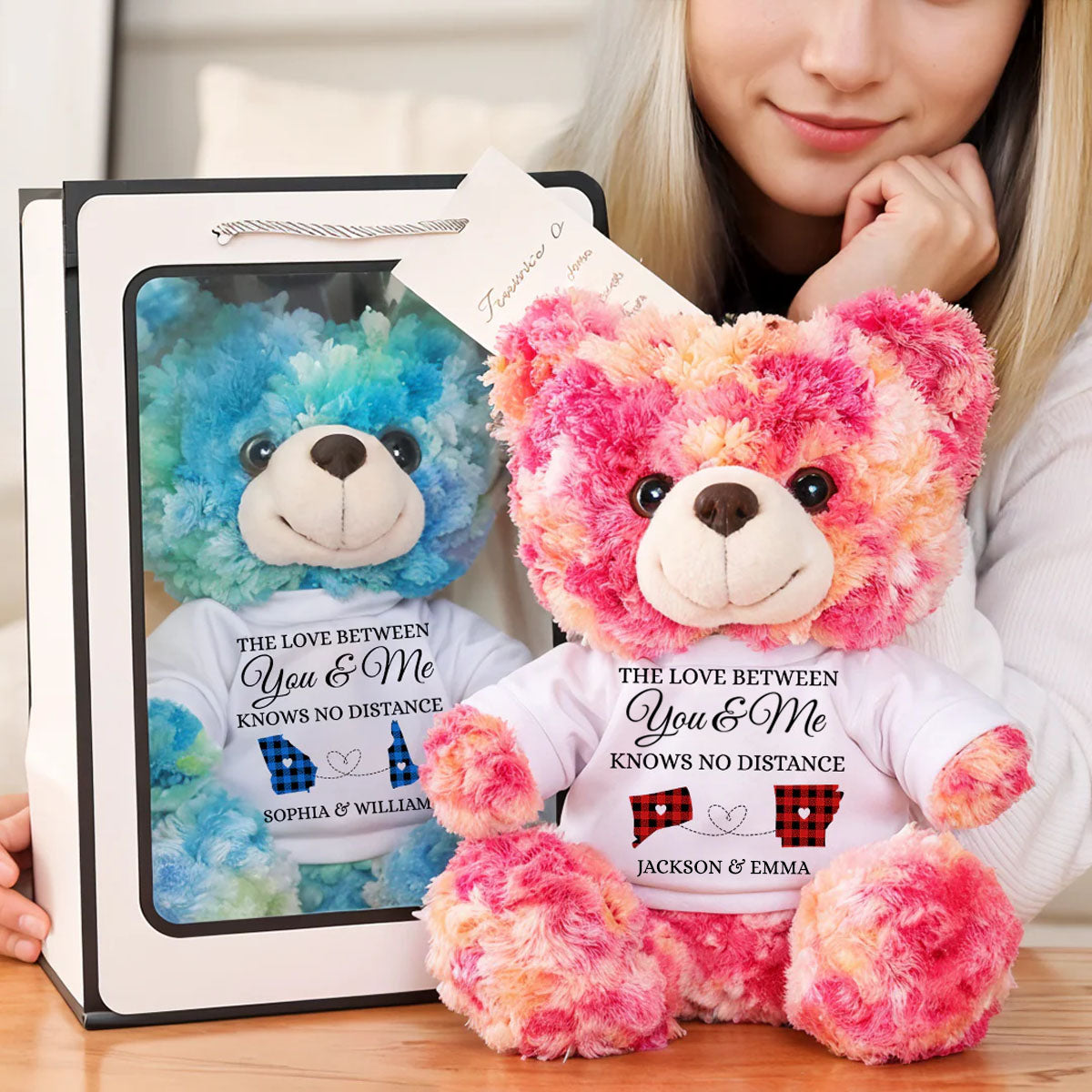 Love Knows No Distance - Teddy Bear With Personalized Photo Shirt - Personalized Teddy Bear