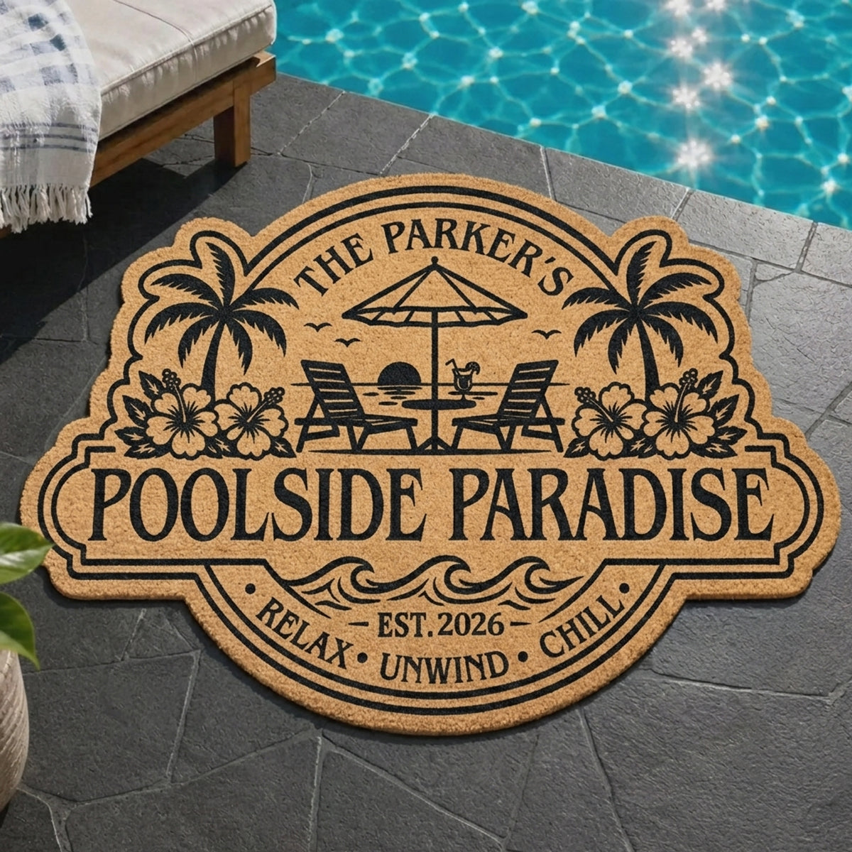 Welcome To Our Happy Place - Custom Poolside Shaped Doormat - Personalized Summer Vacation And Travel Gifts