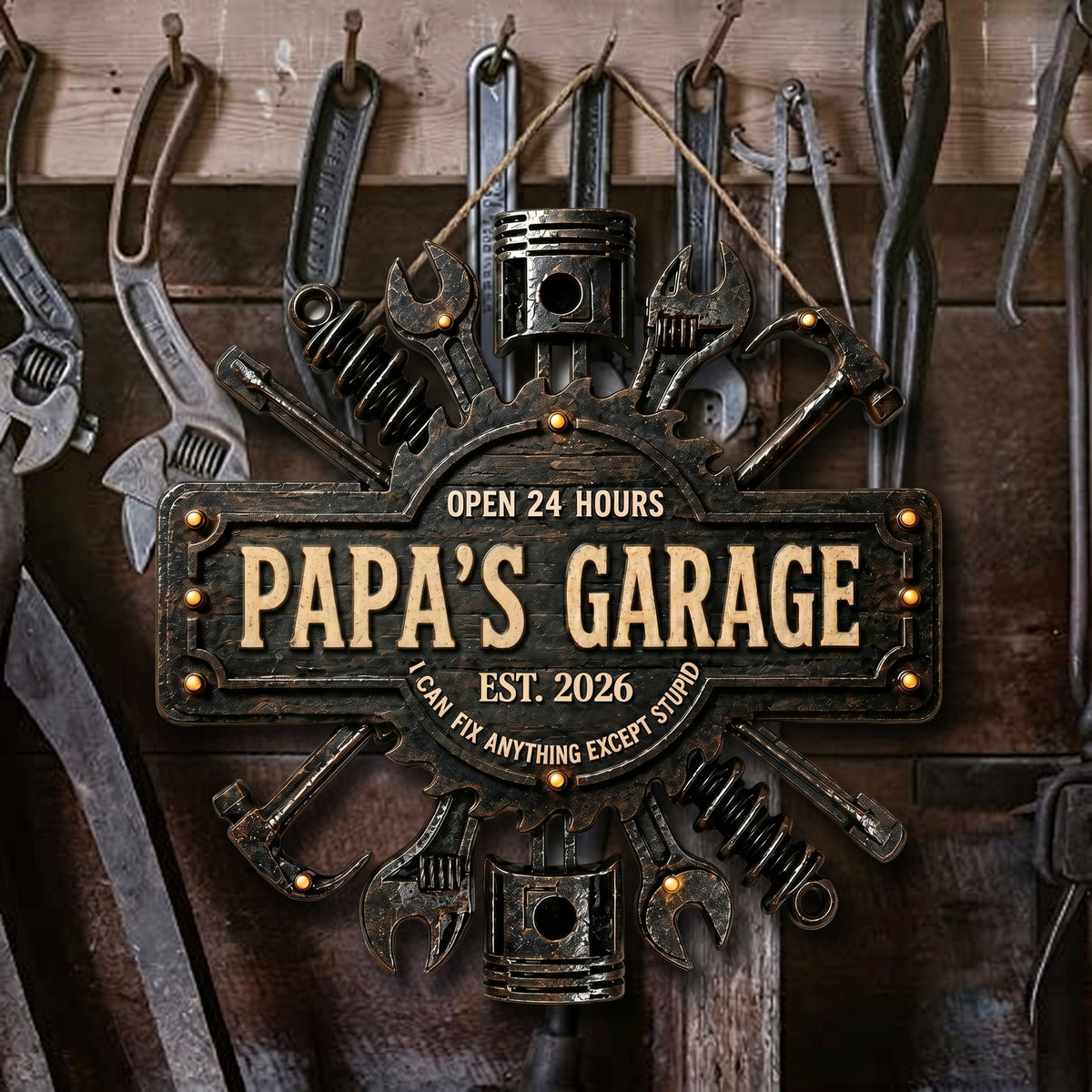Dad's Garage I Can Fix Anything - Personalized Round Wood Sign