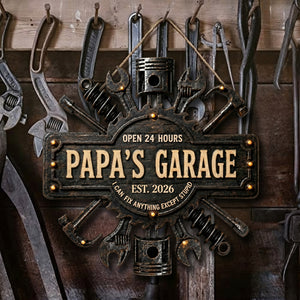 Dad's Garage I Can Fix Anything - Personalized Round Wood Sign