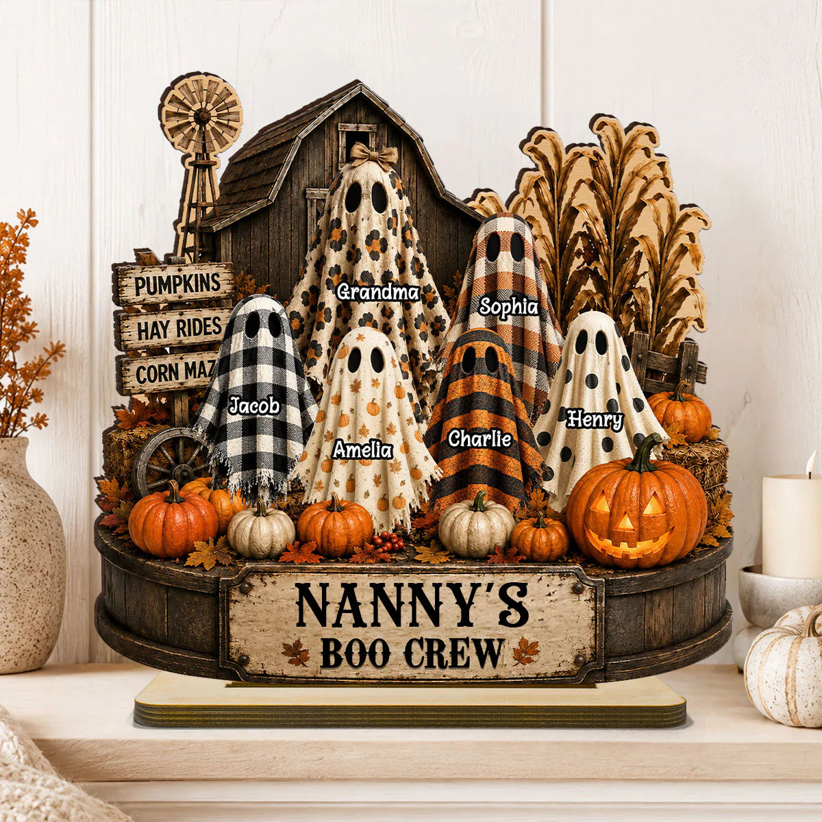 Grandma's Boo Crew Pumpkin Patch - Personalized 2-Layered Wooden Plaque - Halloween Fall Decor for Grandma