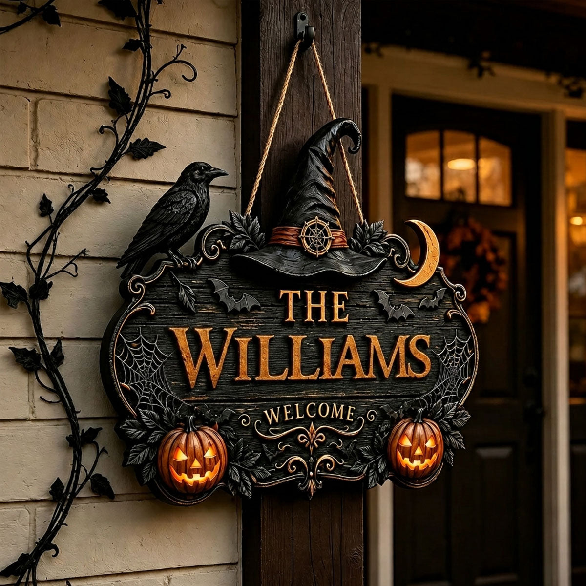Halloween Witch Welcome Personalized Door Sign – Custom Family Name Porch Decor
