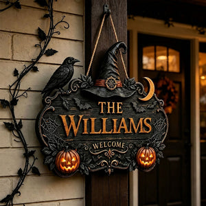 Halloween Witch Welcome Personalized Door Sign – Custom Family Name Porch Decor