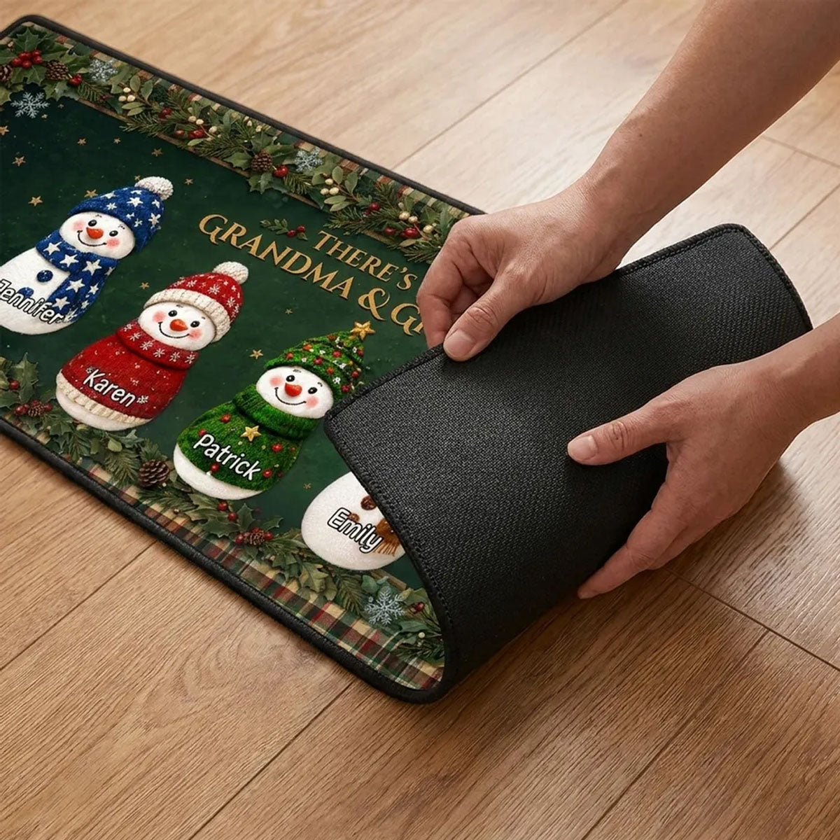 Cozy Snowman Family Runner Rug, Personalized Holiday Kitchen Mat, Home Xmas Gift