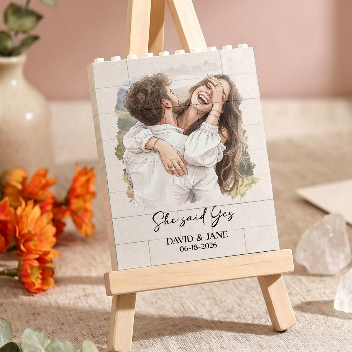 Watercolor Couple Family Portrait - Personalized Shaped Building Brick Blocks - Wedding Gifts