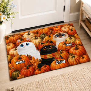 Fall Season Cute Cats In Pumpkin Patch - Personalized Doormat - Fall Decor For Cat Lovers
