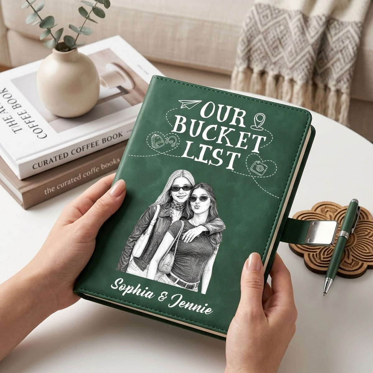 Custom Photo Bold Sketch All My Travel Crap Woman Man Portrait - Personalized Leather Notebook Pen Set