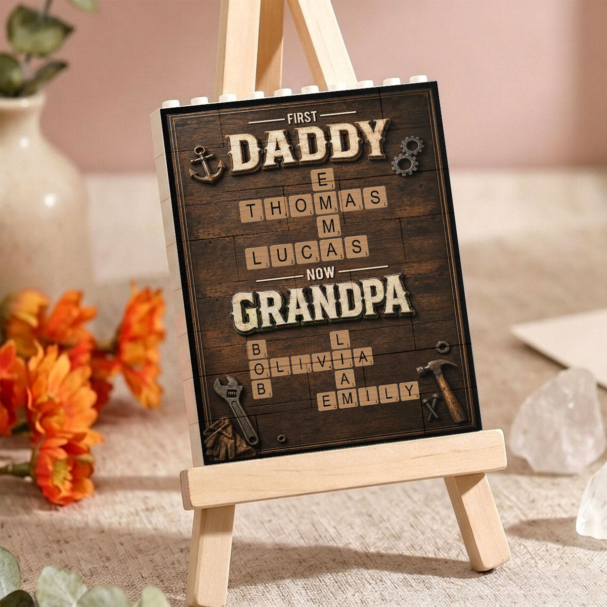First Dad Now Grandpa Crossword Puzzle Art - Personalized Shaped Building Brick Blocks