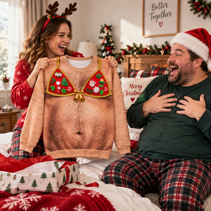 Funny Hairy Chest Christmas Bikini Sweatshirt, Ugly Christmas Sweater, Hilarious Adult Holiday Party Gift