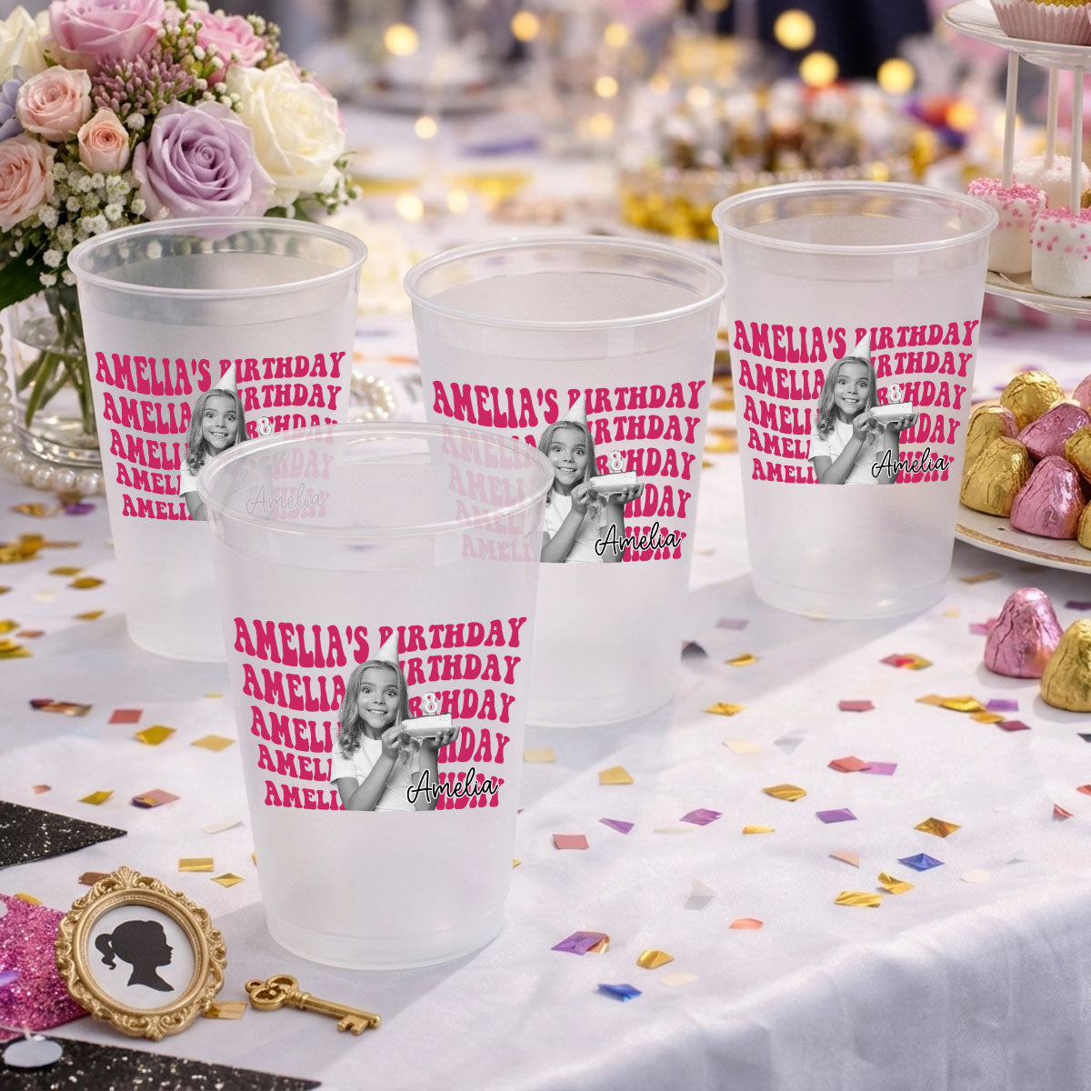 Personalized Birthday Vintage Photo Frosted Cups, Photo Birthday Night Cup, Birthday Party Favor Cup, Birthday Drinkware Face Cup