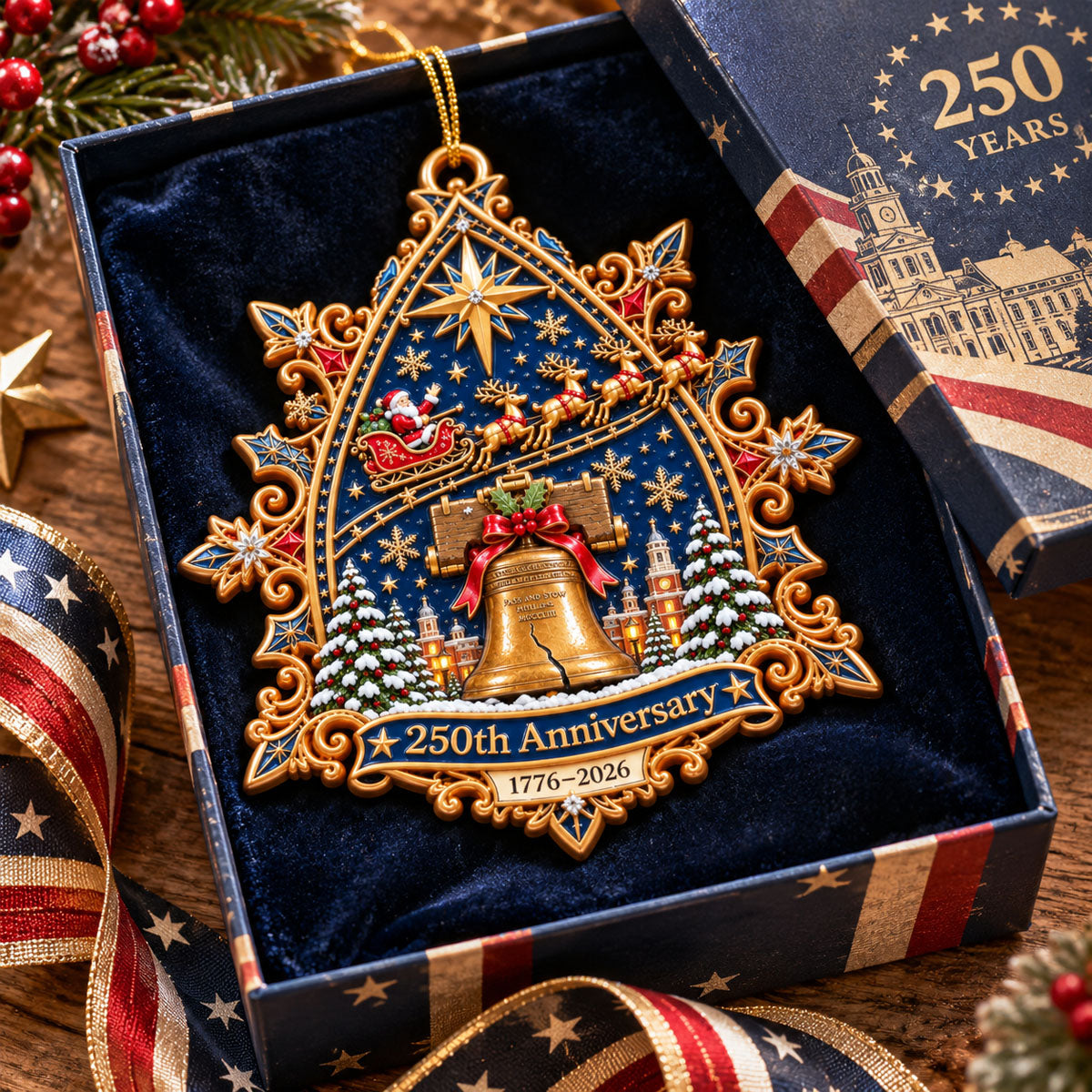 250Th Anniversary Santa Flying Over - Realistic 3D Ornament