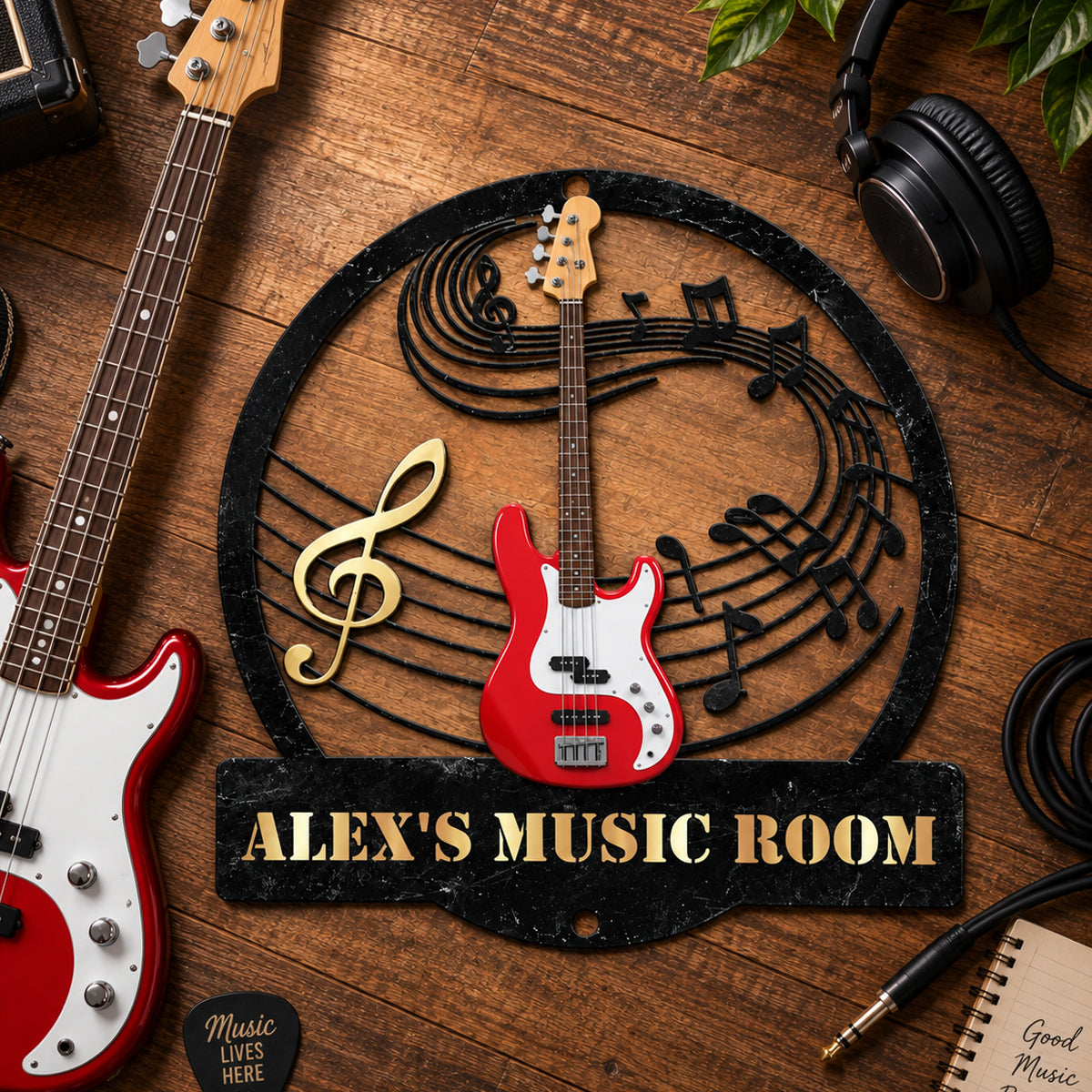 Guitar Music Room, Custom Name & Guitar Type - Personalized Cut Metal Sign