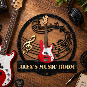 Guitar Music Room, Custom Name & Guitar Type - Personalized Cut Metal Sign