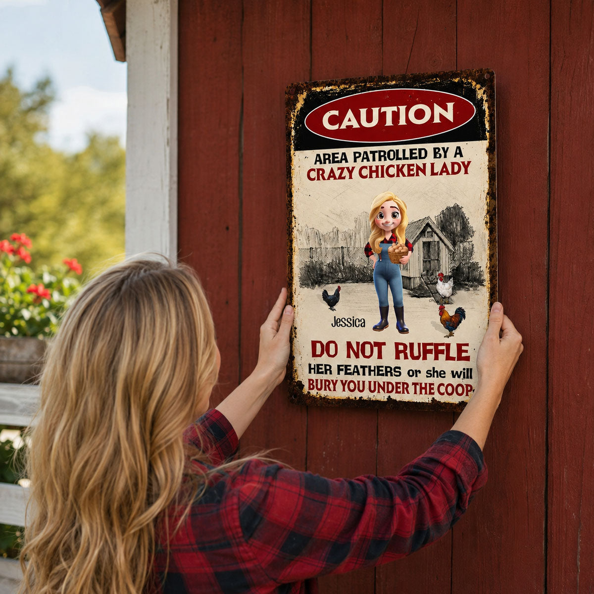 Area Patrolled By A Crazy Chicken Lady, Personalized Metal Sign, Gift For Chicken Lovers