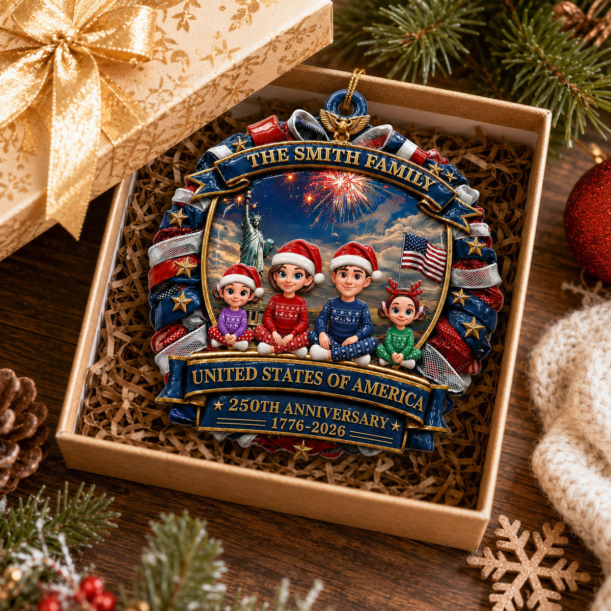 America Family Christmas - Proud Family Ornament - Real 3D Raised Ornament