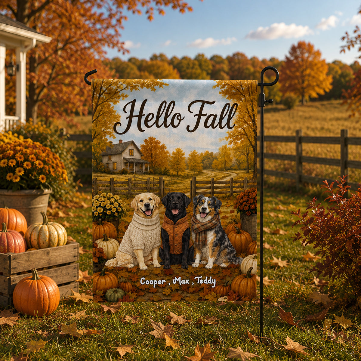 Vintage Dog Cat Hello Fall Photo Upload - Personalized Garden Flag - Fall Season Gift For Dog Mom, Cat Mom