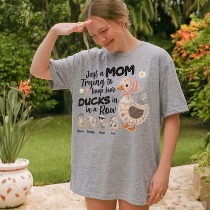 Funny Duck Mom Shirt, Just A Mom Trying To Keep Her Ducks In In A Row Shirt, Cute Mama Tee, Gift For Mom, Womens Casual Shirt