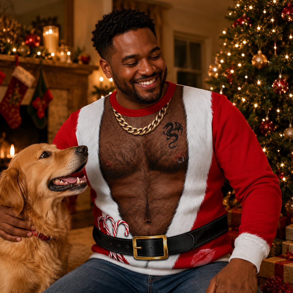 Santa Fake Abs Hairy 3D Sweatshirt, Funny Santa Claus Ugly Christmas Sweatshirt, Gag Gift for Husband, Cute 3D Holiday Sweater