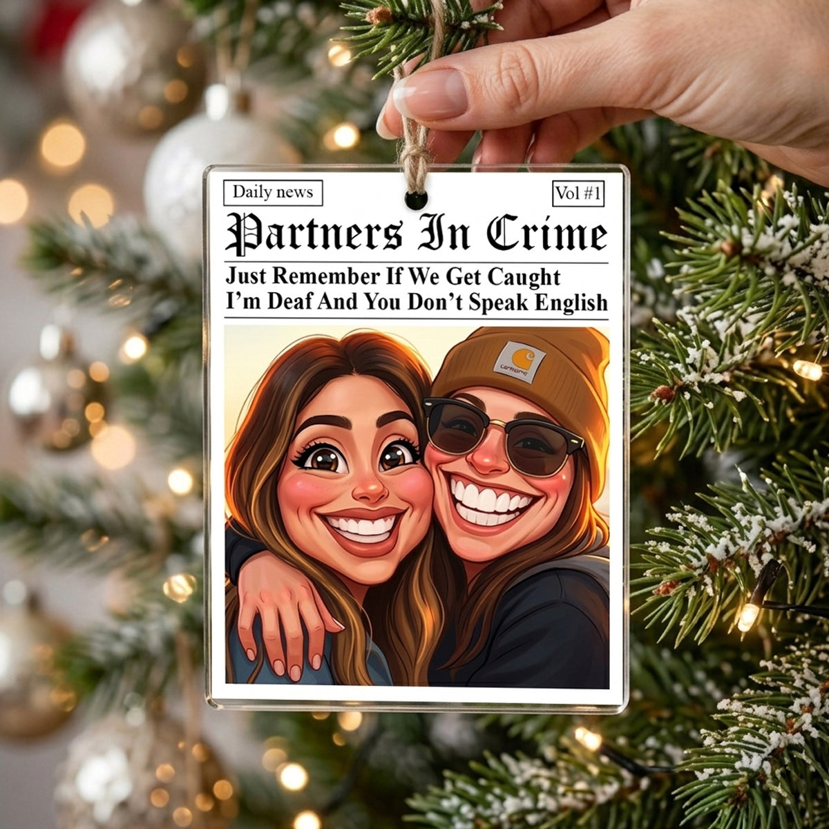 Partners In Crime - Daily News - Friendship Funny Gifts - Personalized Caricature Photo Ornament