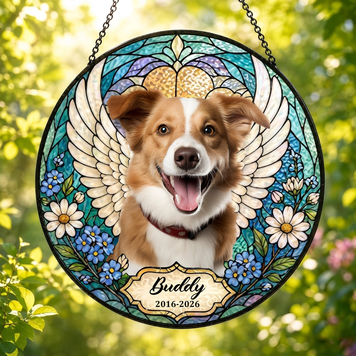 Custom Photo With Angel Wings - Personalized Memorial Stained Glass Suncatcher