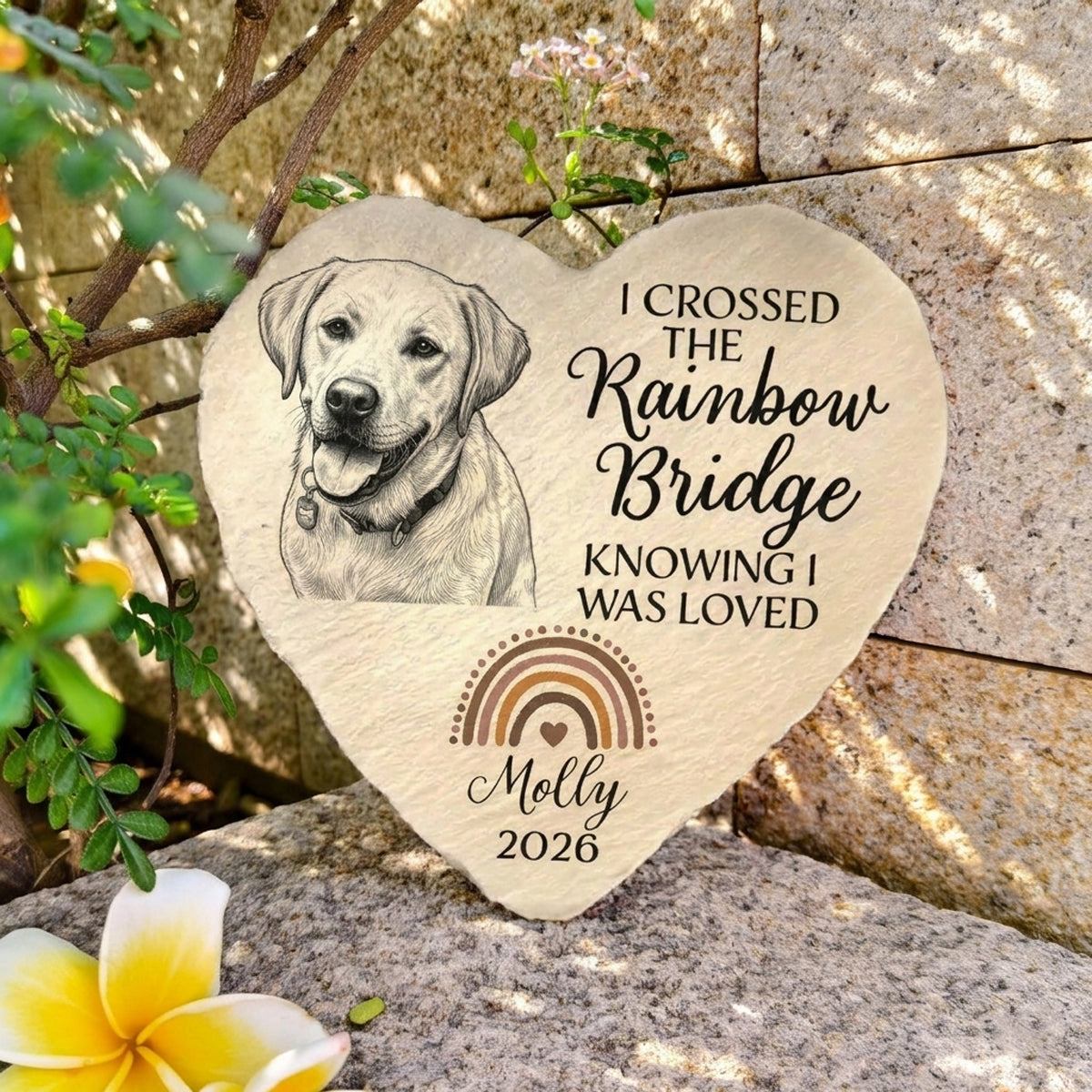 Custom Photo Pencil Sketch I Crossed The Rainbow Bridge Knowing I Was Loved - Personalized Heart Memorial Garden Stone
