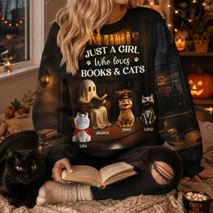 Just a Girl Who Loves Books and Cats Halloween Personalized Sweatshirt, Cozy Fall Sweatshirt for Cat Moms