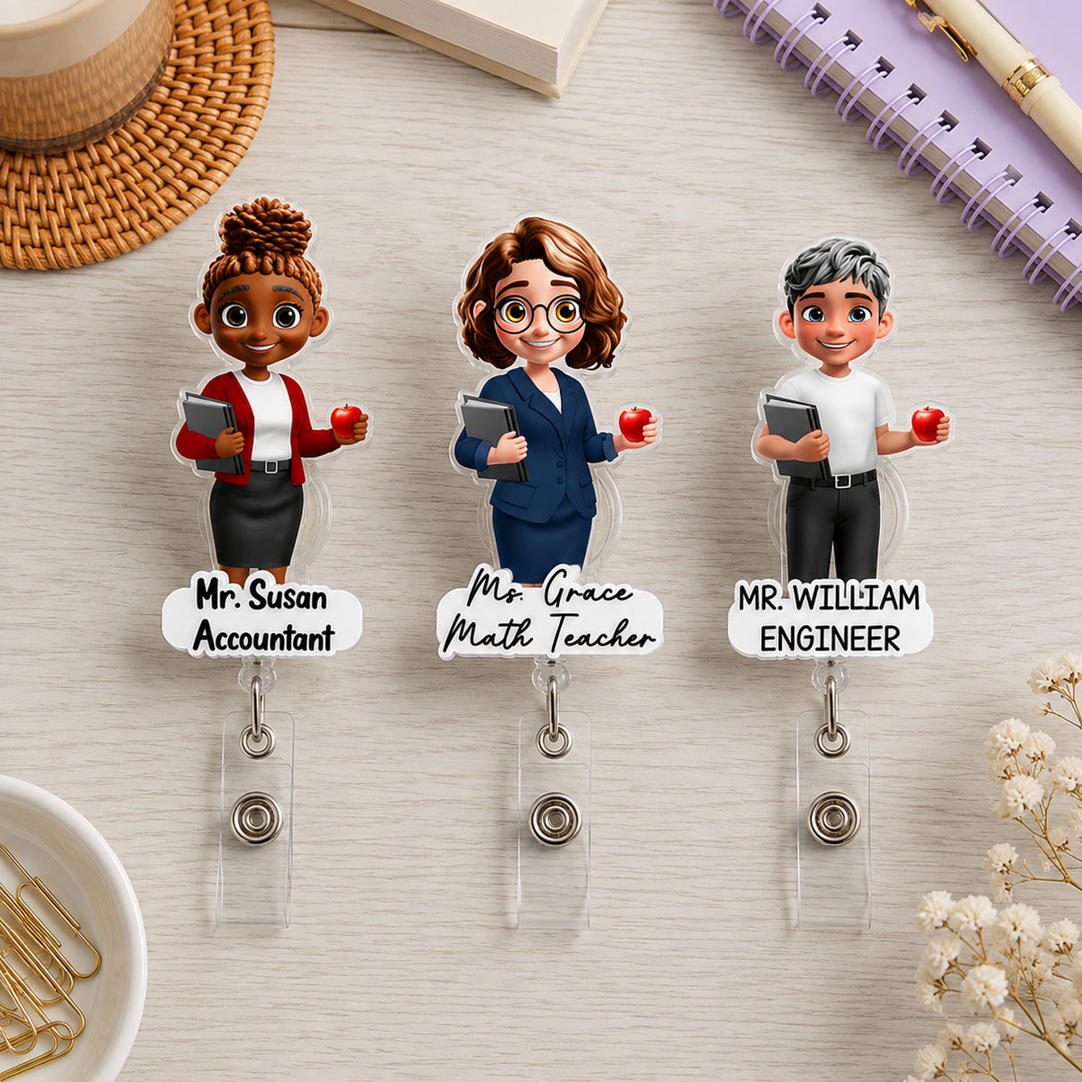 Custom Character For Teacher, Coworker, Boss With Name - Personalized Acrylic Badge Reel