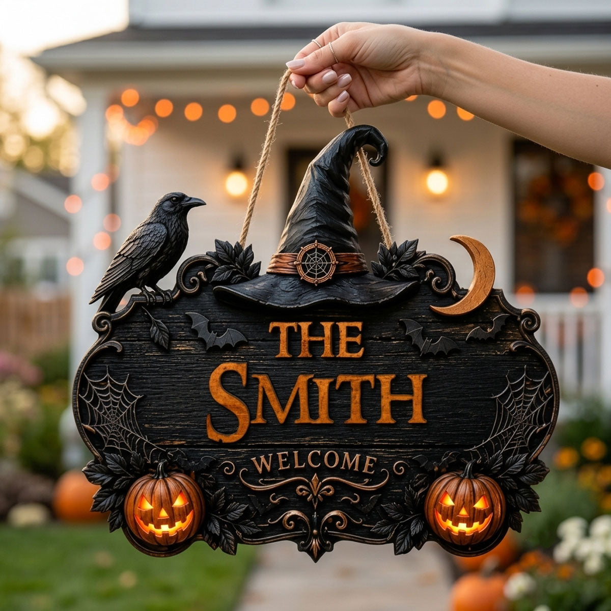 Halloween Witch Welcome Personalized Door Sign – Custom Family Name Porch Decor