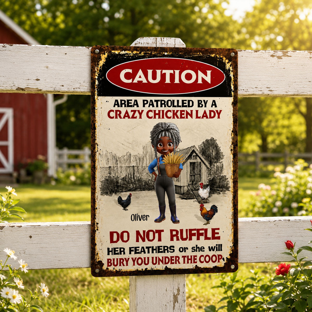 Area Patrolled By A Crazy Chicken Lady, Personalized Metal Sign, Gift For Chicken Lovers