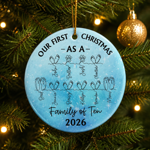 Family Footprint One Line Art First Christmas As A Family Of Three - Personalized Circle Ceramic Ornament