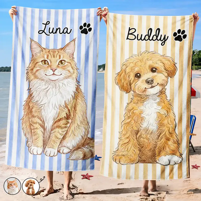 Custom Photo Colored Pencil Sketch Cute Dog Cat Stripe Pattern - Personalized Beach Towel