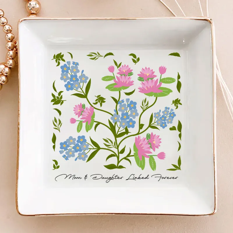 Mom & Daughter Flower Bouquet - Personalized Jewelry Plate - Gift For Mom, Mother's Day, Birthday Gift