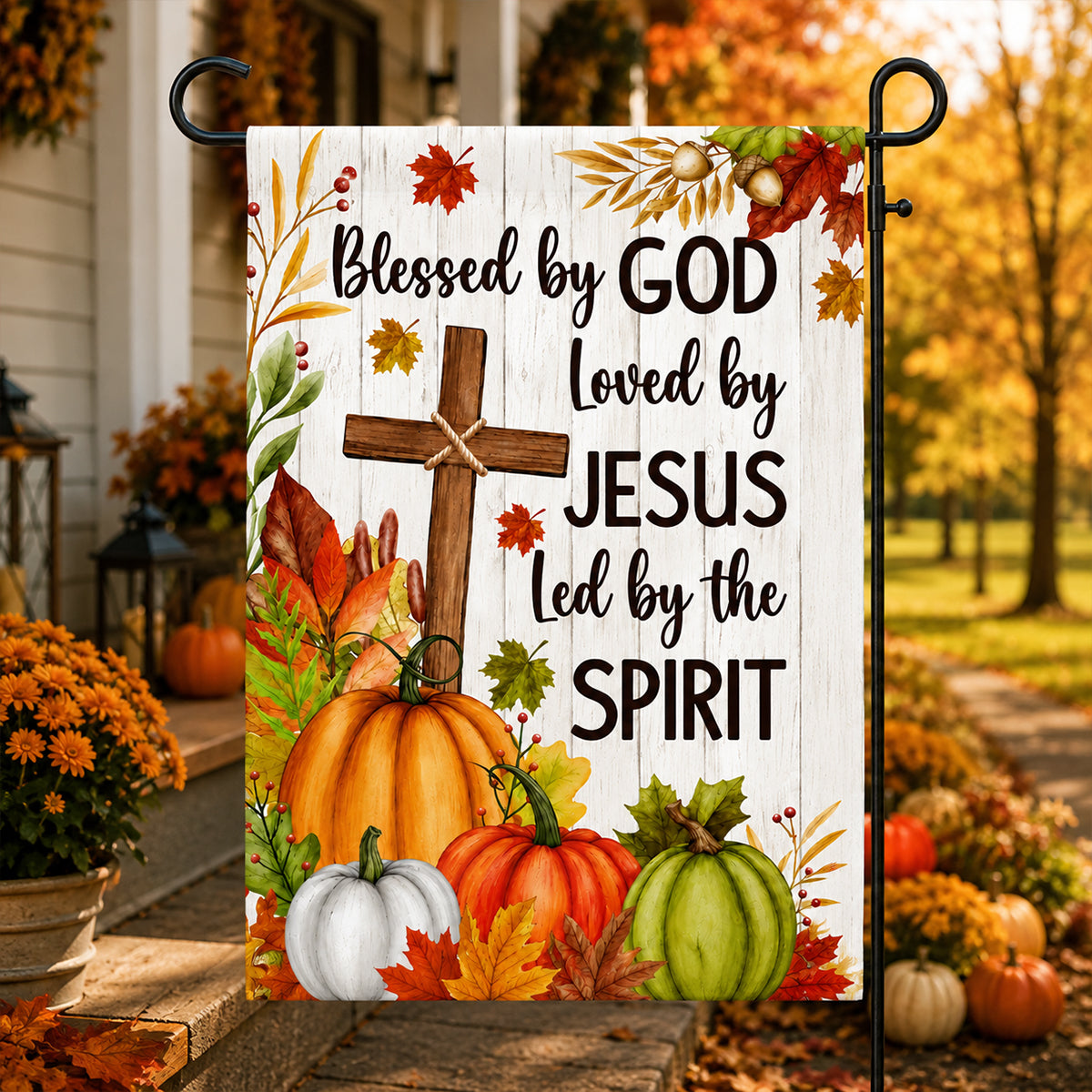 Fall Christian Cross Flag Blessed By God Loved By Jesus Led By The Spirit Flag