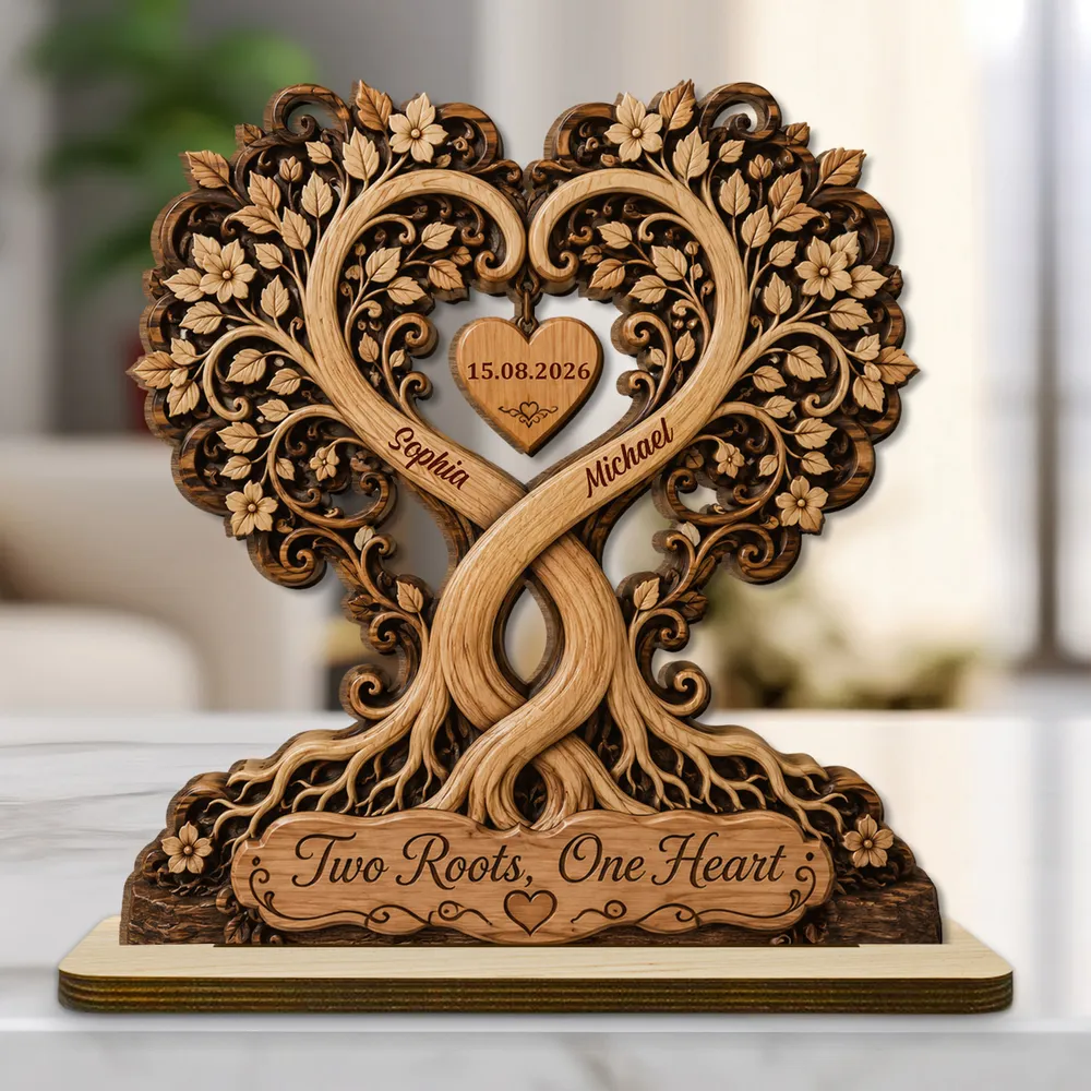 Two Roots, One Heart Tree of Love - Personalized Wooden Plaque
