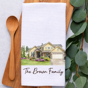 Custom Photo Colored Pencil Sketch Our First Home Family Parents - Personalized Kitchen Towel