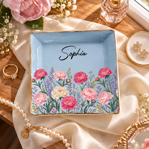 Custom Birth Flower & Name For Her, Gift For Friends, Coworkers, Daughters, Sisters - Personalized Jewelry Dish