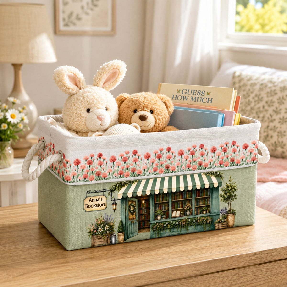 Book Lovers Corner Bookshop With Birth Month Flower - Personalized Storage Basket