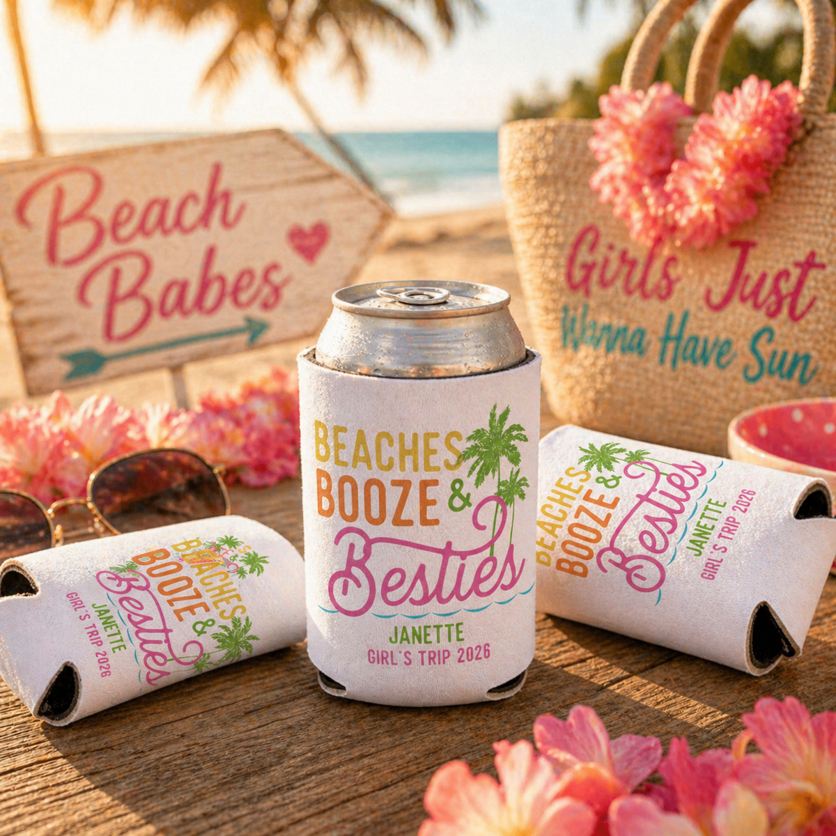 Personalized Beach Booze & Besties Can Coolers, Beach Bachelorette and Girls Trip Party Favors