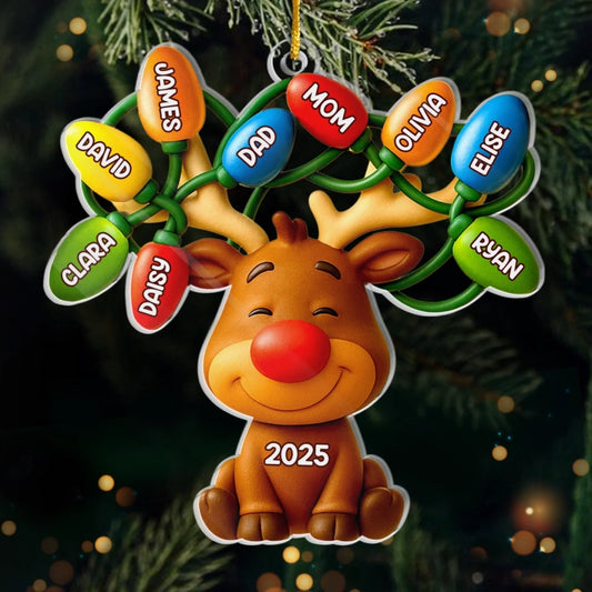 Reindeer With Christmas Light Bulbs - Personalized Acrylic Ornament - Christmas Gift For Family