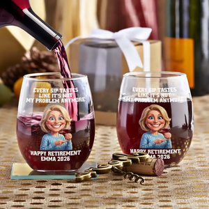 Custom Photo Caricature Every Sip Tastes Like It's Not My Problem Anymore Retirement - Personalized Stemless Wine Glass