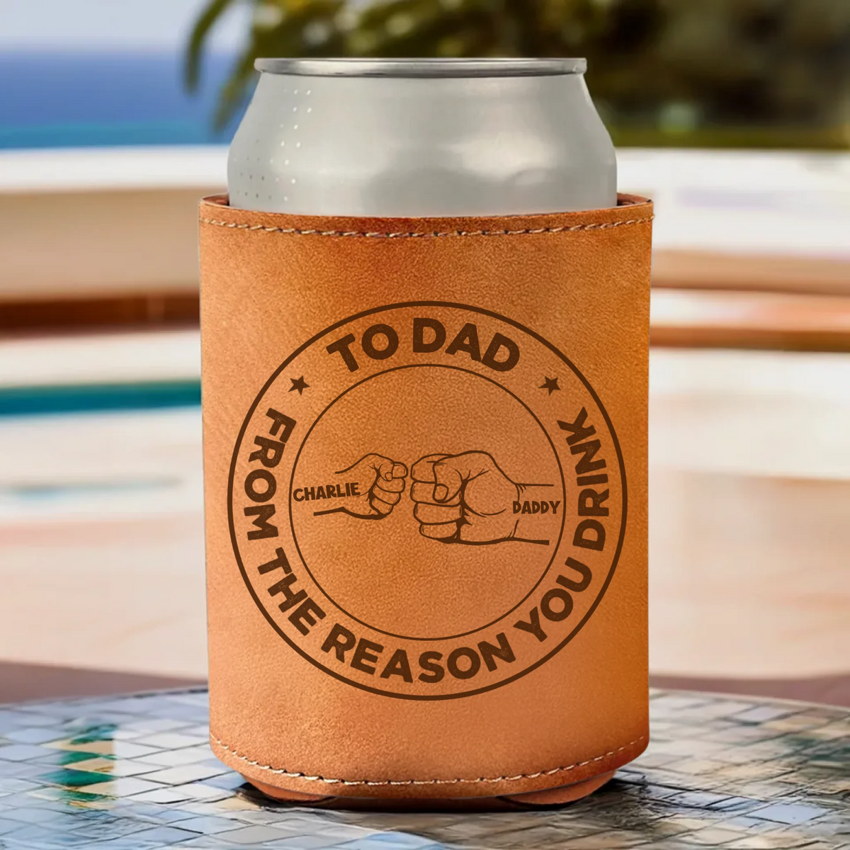 To Papa FromThe Reason You Drink - Personalized Leather Can Cooler - Father's Day, Gift For Dad, Grandpa