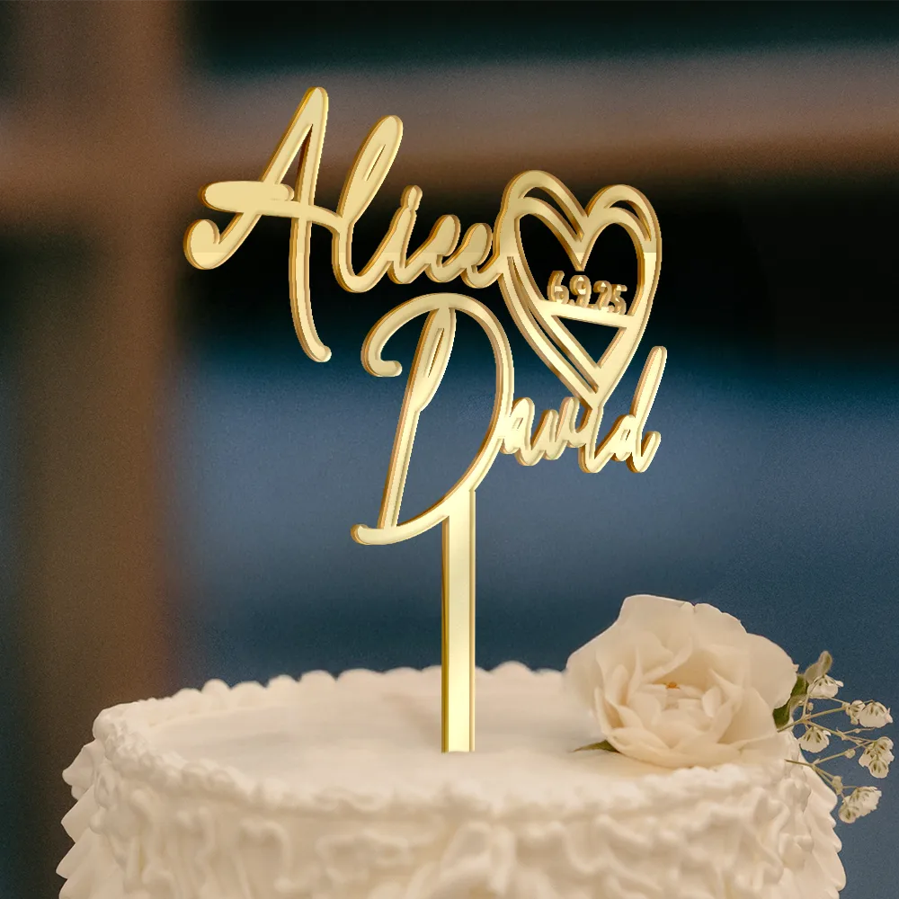 Couple Name With Heart Anniversary Wedding Date - Personalized Cake Topper