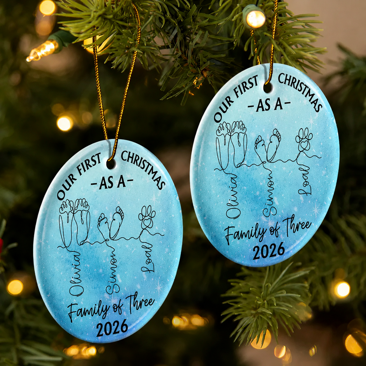 Family Footprint One Line Art First Christmas As A Family Of Three - Personalized Circle Ceramic Ornament