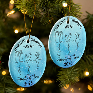 Family Footprint One Line Art First Christmas As A Family Of Three - Personalized Circle Ceramic Ornament